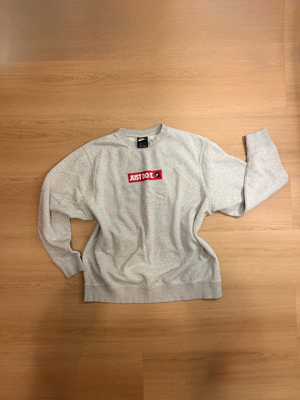 Nike Light Gray Crewneck Sweatshirt with Red "Just Do It." Chest Logo